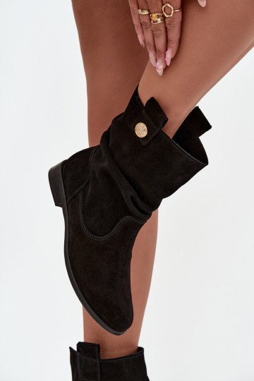 Leather Suede Women's Ankle Boots with Gathering Insulated Zazoo 4210 Black 2