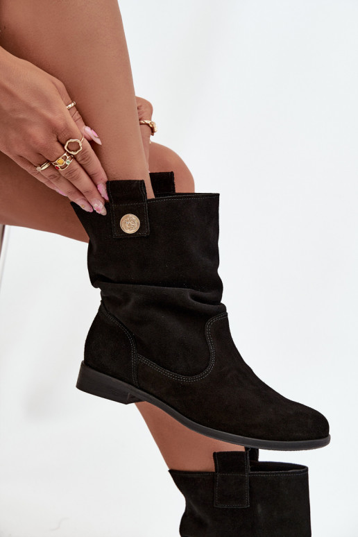 Leather Suede Women's Ankle Boots with Gathering Insulated Zazoo 4210 Black Leather Suede Women's Ankle Boots with Gathering Insulated Zazoo 4210 Black