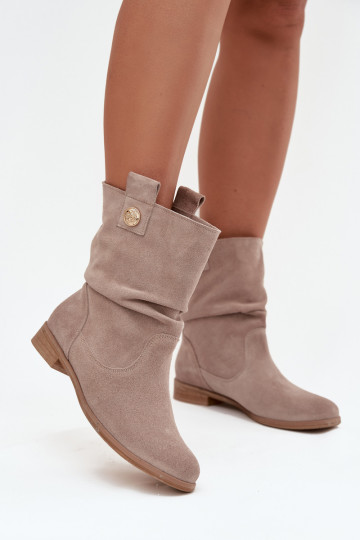 Leather Suede Women's Boots with Gathering Insulated Zazoo 4210 Beige 2