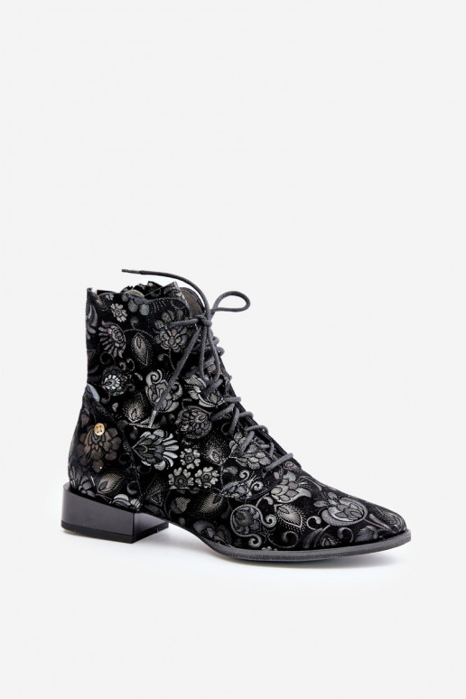 Suede Patterned Ankle Boots With Flat Heel Maciejka 06391-01 Black