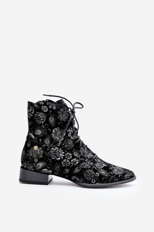 Suede Patterned Ankle Boots With Flat Heel Maciejka 06391-01 Black