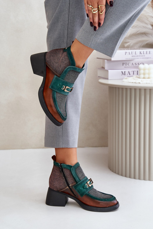 Skórzane Botki Damskie Na Masywnym ObcasiewithOzdobą Maciejka A6747-29 Brązowo-Zielone