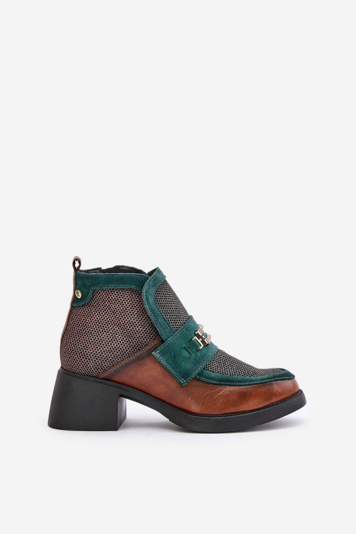 Leather Women's Boots with Thick Heel with Ornament Maciejka A6747-29 Brown-Green Leather Women's Boots with Thick Heel with Ornament Maciejka A6747-29 Brown-Green