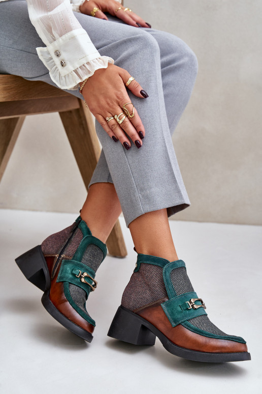 Skórzane Botki Damskie Na Masywnym ObcasiewithOzdobą Maciejka A6747-29 Brązowo-Zielone