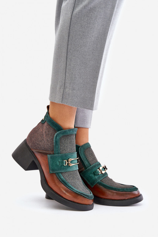 Skórzane Botki Damskie Na Masywnym ObcasiewithOzdobą Maciejka A6747-29 Brązowo-Zielone