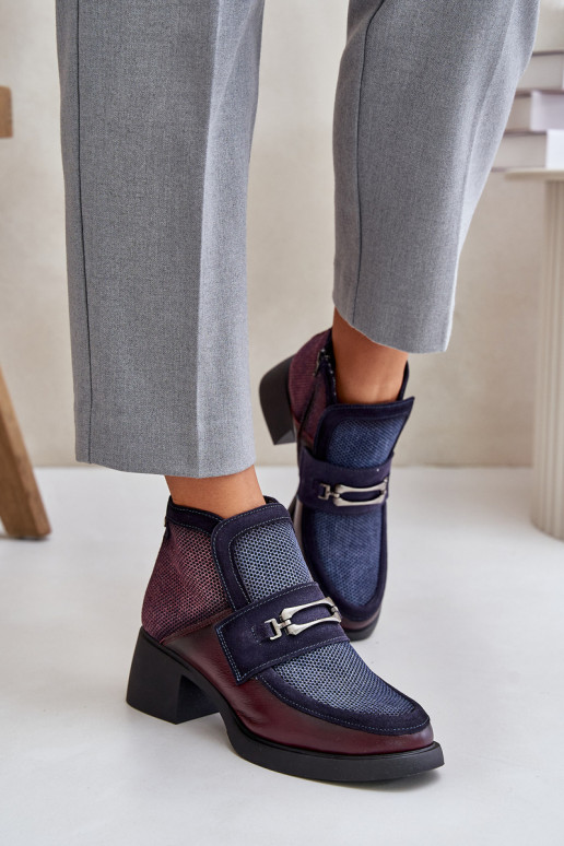 Leather Women's Boots On Thick Heel With Decoration Maciejka A6747-23 Burgundy-Naval Blue Leather Women's Boots On Thick Heel With Decoration Maciejka A6747-23 Burgundy-Naval Blue