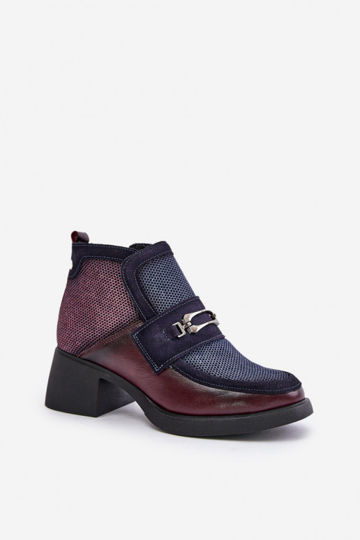 Leather Women's Boots On Thick Heel With Decoration Maciejka A6747-23 Burgundy-Naval Blue Leather Women's Boots On Thick Heel With Decoration Maciejka A6747-23 Burgundy-Naval Blue