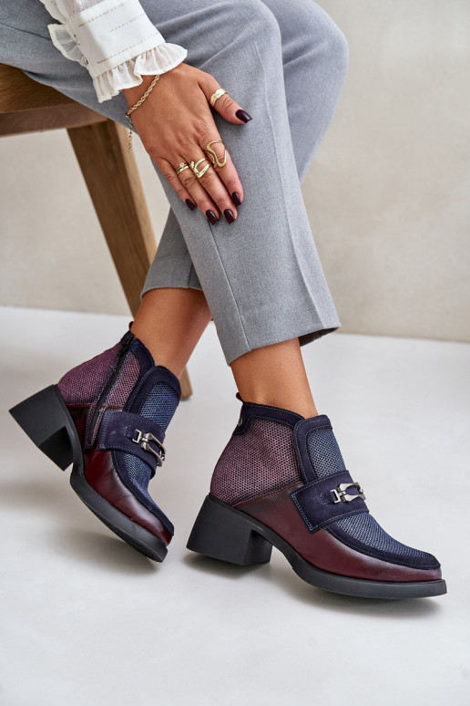 Leather Women's Boots On Thick Heel With Decoration Maciejka A6747-23 Burgundy-Naval Blue Leather Women's Boots On Thick Heel With Decoration Maciejka A6747-23 Burgundy-Naval Blue