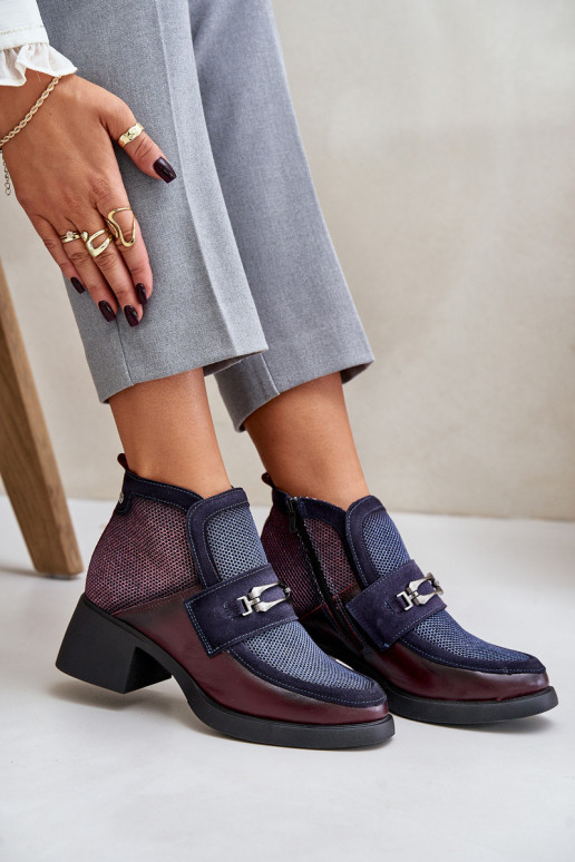 Leather Women's Boots On Thick Heel With Decoration Maciejka A6747-23 Burgundy-Naval Blue Leather Women's Boots On Thick Heel With Decoration Maciejka A6747-23 Burgundy-Naval Blue