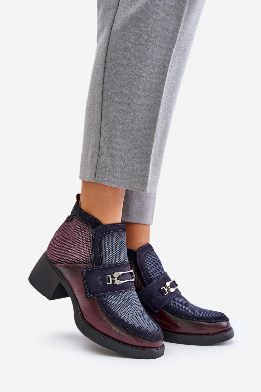 Leather Women's Boots On Thick Heel With Decoration Maciejka A6747-23 Burgundy-Naval Blue Leather Women's Boots On Thick Heel With Decoration Maciejka A6747-23 Burgundy-Naval Blue