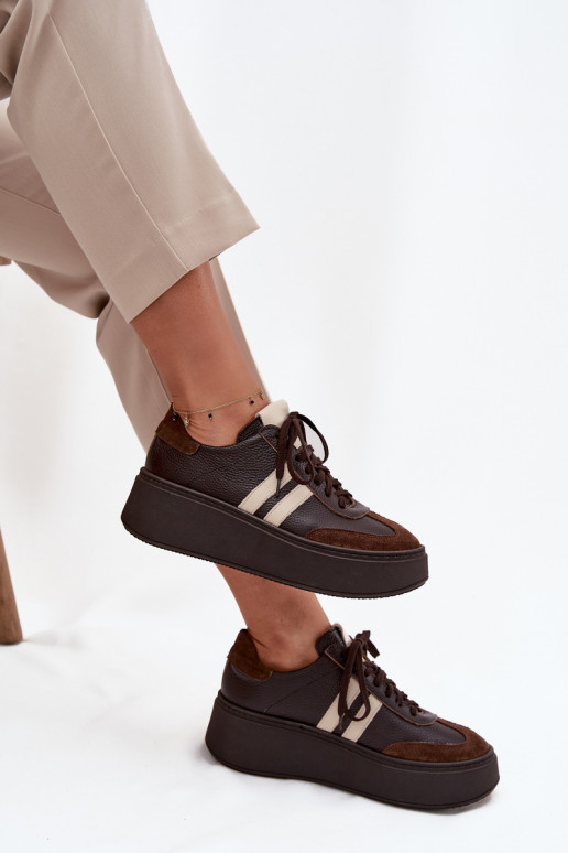 Skórzane Sneakersy Damskie Na Platformie Zazoo 3775 Czekoladowe