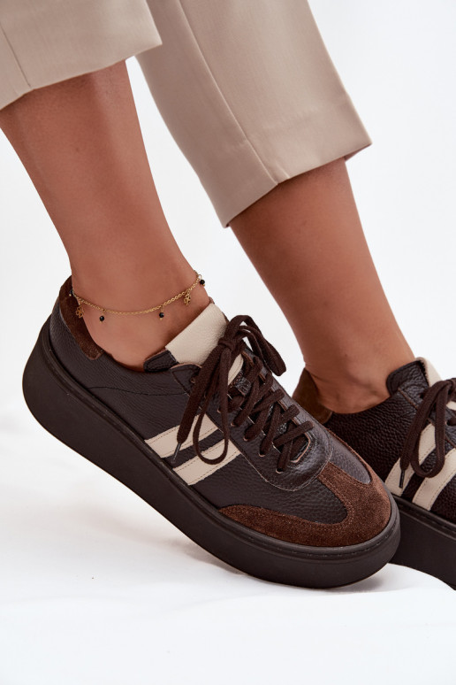 Skórzane Sneakersy Damskie Na Platformie Zazoo 3775 Czekoladowe