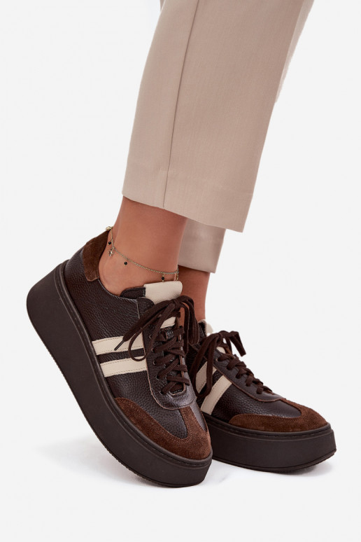 Skórzane Sneakersy Damskie Na Platformie Zazoo 3775 Czekoladowe