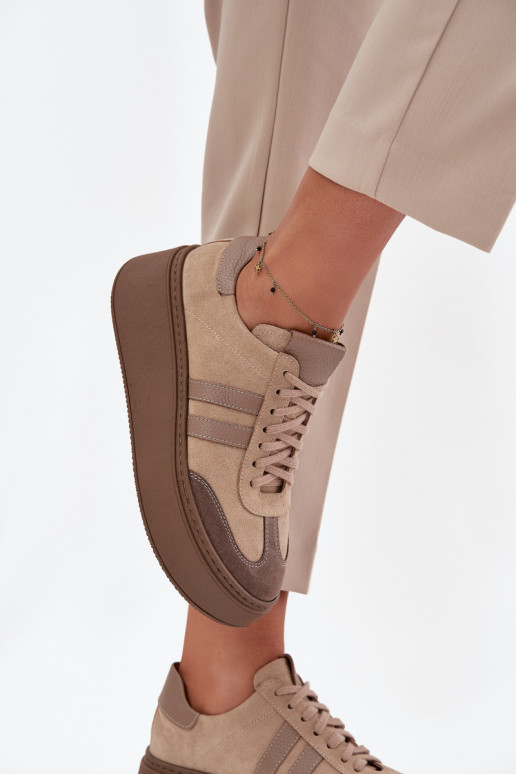 Skórzane Zamszowe Sneakersy Damskie Na Platformie Zazoo 3775 Beżowe