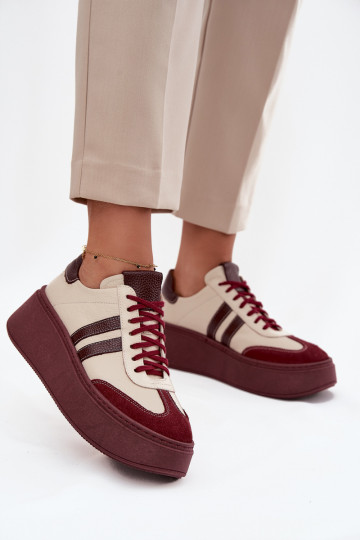 Skórzane Sneakersy Damskie Na Platformie Zazoo 3775 Beżowo-Bordowe 2