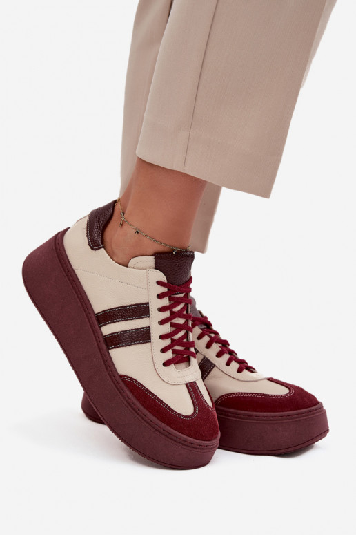 Skórzane Sneakersy Damskie Na Platformie Zazoo 3775 Beżowo-Bordowe