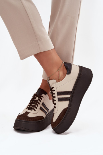 Leather Women's Sneakers On Platform Zazoo 3775 Beige Chocolate