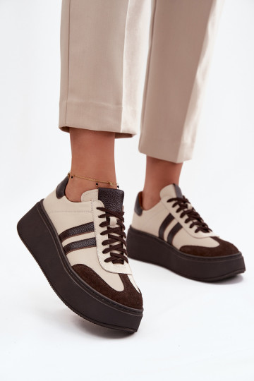 Skórzane Sneakersy Damskie Na Platformie Zazoo 3775 Beżowo-Czekoladowe 2