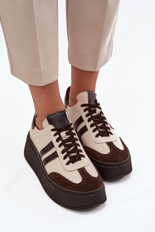 Leather Women's Sneakers On Platform Zazoo 3775 Beige Chocolate