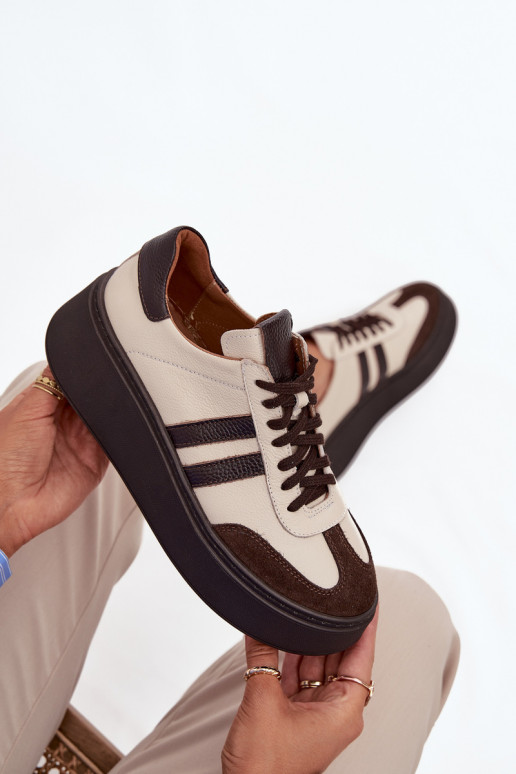 Skórzane Sneakersy Damskie Na Platformie Zazoo 3775 Beżowo-Czekoladowe