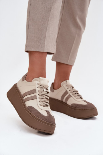 Skórzane Sneakersy Damskie Na Platformie Zazoo 3775 Beżowe 2
