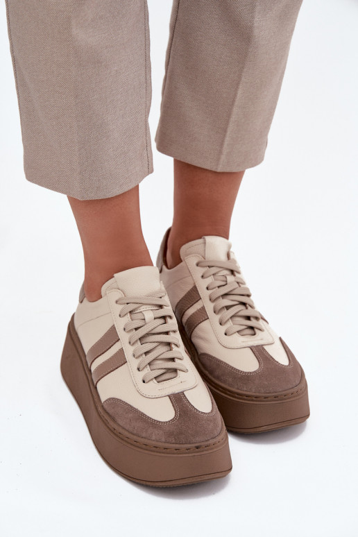 Skórzane Sneakersy Damskie Na Platformie Zazoo 3775 Beżowe Skórzane Sneakersy Damskie Na Platformie Zazoo 3775 Beżowe