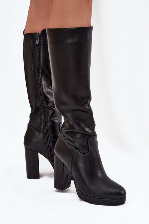 Kozaki Damskie Do Kolana Na Słupku Eko Skórzane Czarne Thalina