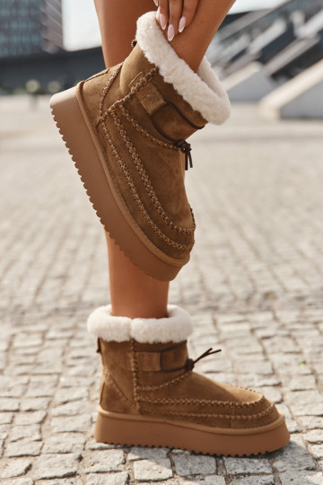 Suede Women's Snow Boots With Decorative Stitching Big Star SS274373 Camel