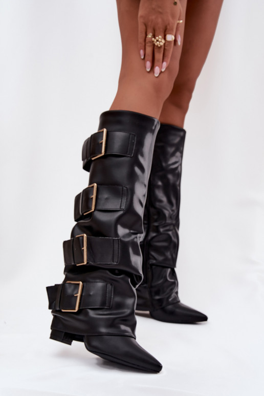 Women's heeled boots with turned upper and gold buckles Black Isavelle