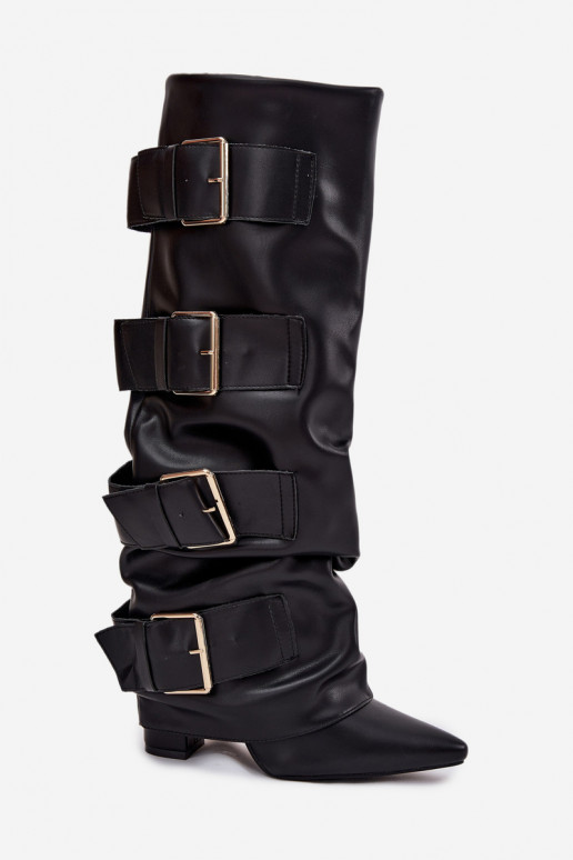 Women's heeled boots with turned upper and gold buckles Black Isavelle