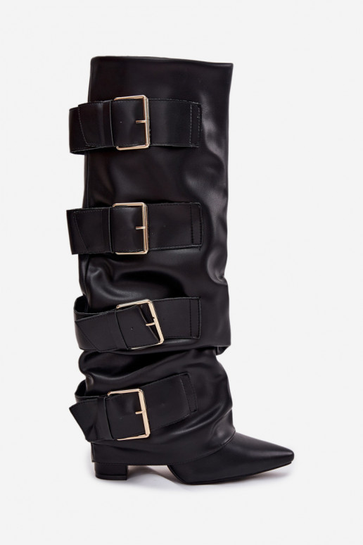 Women's heeled boots with turned upper and gold buckles Black Isavelle