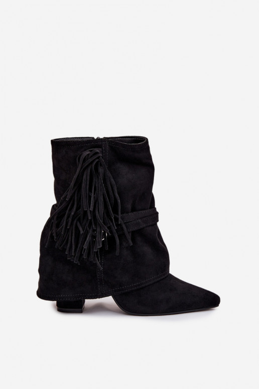 Botki Damskie Na SłupkuwithFrędzlami I Złotymi Klamrami Czarne Evelisse