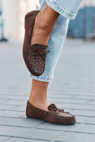 Embellished Women's Loafers Made of Eco Suede Brown Prissine
