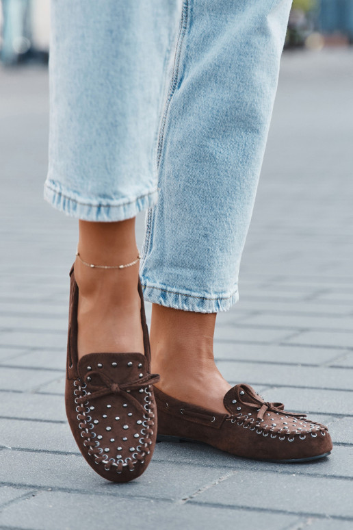 Zdobione Mokasyny DamskiewithEko Zamszu Brązowe Prissine