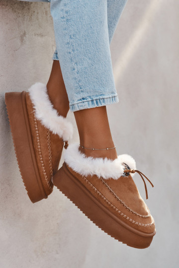 Women's Snow Boots On Platform With Fur And Stitching Camel Kellina