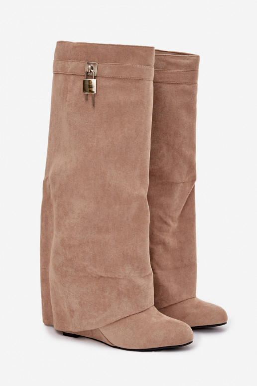 Women's Platform Boots with Strap and Silver Detail Beige Korivelle