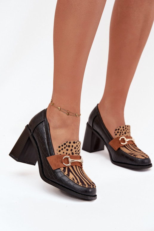 Women's Low Shoes with Heel with Embossing and Gold Detail Black-Beige Novella Women's Low Shoes with Heel with Embossing and Gold Detail Black-Beige Novella