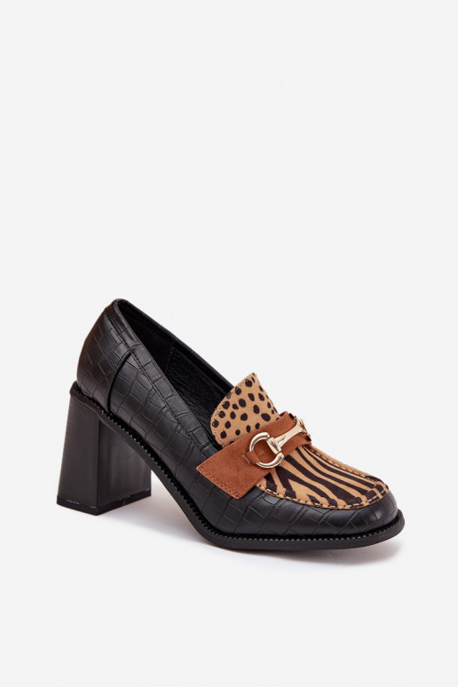 Women's Low Shoes with Heel with Embossing and Gold Detail Black-Beige Novella Women's Low Shoes with Heel with Embossing and Gold Detail Black-Beige Novella