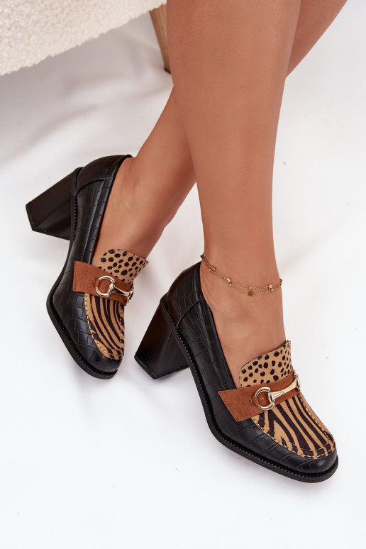 Women's Low Shoes with Heel with Embossing and Gold Detail Black-Beige Novella Women's Low Shoes with Heel with Embossing and Gold Detail Black-Beige Novella
