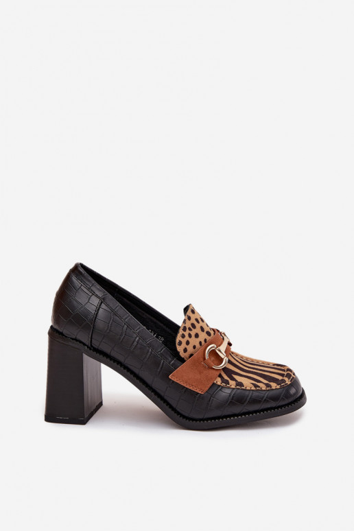 Women's Low Shoes with Heel with Embossing and Gold Detail Black-Beige Novella Women's Low Shoes with Heel with Embossing and Gold Detail Black-Beige Novella