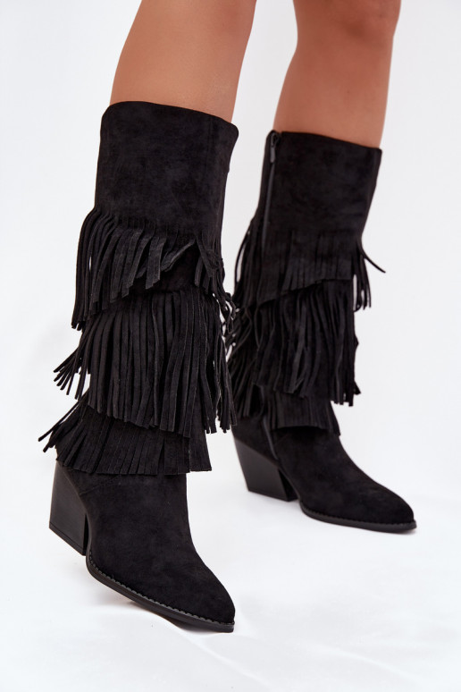 Heated Leather Cowboy Boots Women's With Fringes Black Brivina