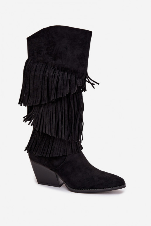 Heated Leather Cowboy Boots Women's With Fringes Black Brivina