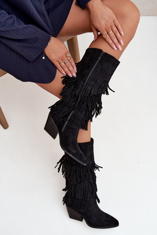 Heated Leather Cowboy Boots Women's With Fringes Black Brivina