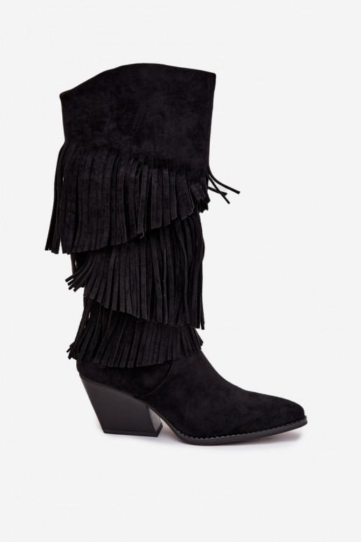 Heated Leather Cowboy Boots Women's With Fringes Black Brivina