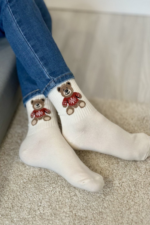 Children Youth Socks Bear in Sweater Ecru