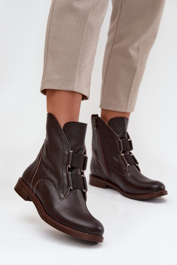 Women's Leather Ankle Boots Flat Heel Zazoo 3842 Chocolate 2