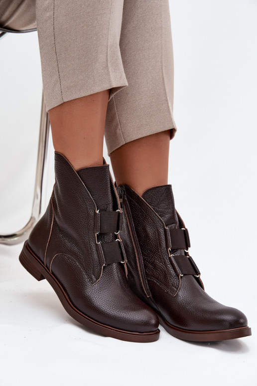 Women's Leather Ankle Boots Flat Heel Zazoo 3842 Chocolate