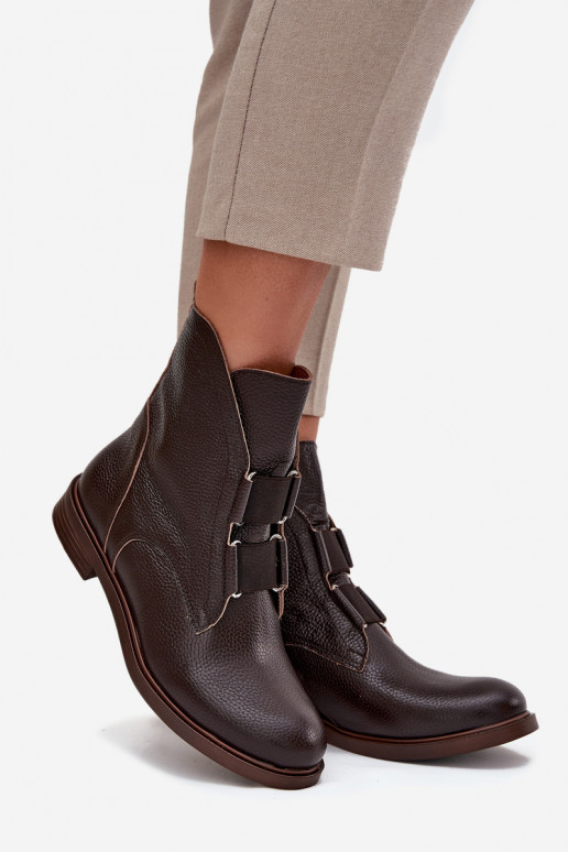 Botki DamskiewithNaturalnej Skóry Na Płaskim Obcasie Zazoo 3842 Czekoladowe