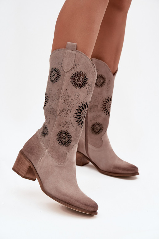 Suede Leather Women's Boots With Openwork Pattern Zazoo 3852 Cappuccino