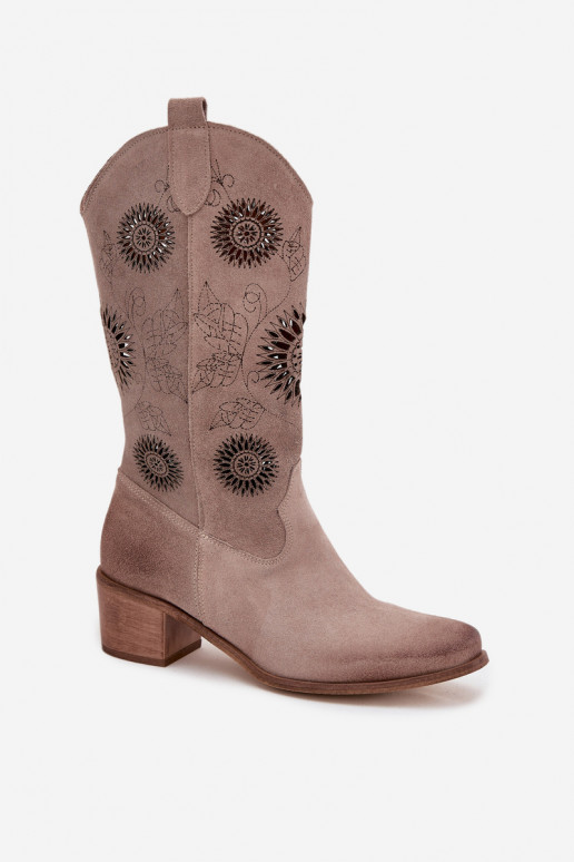 Suede Leather Women's Boots With Openwork Pattern Zazoo 3852 Cappuccino